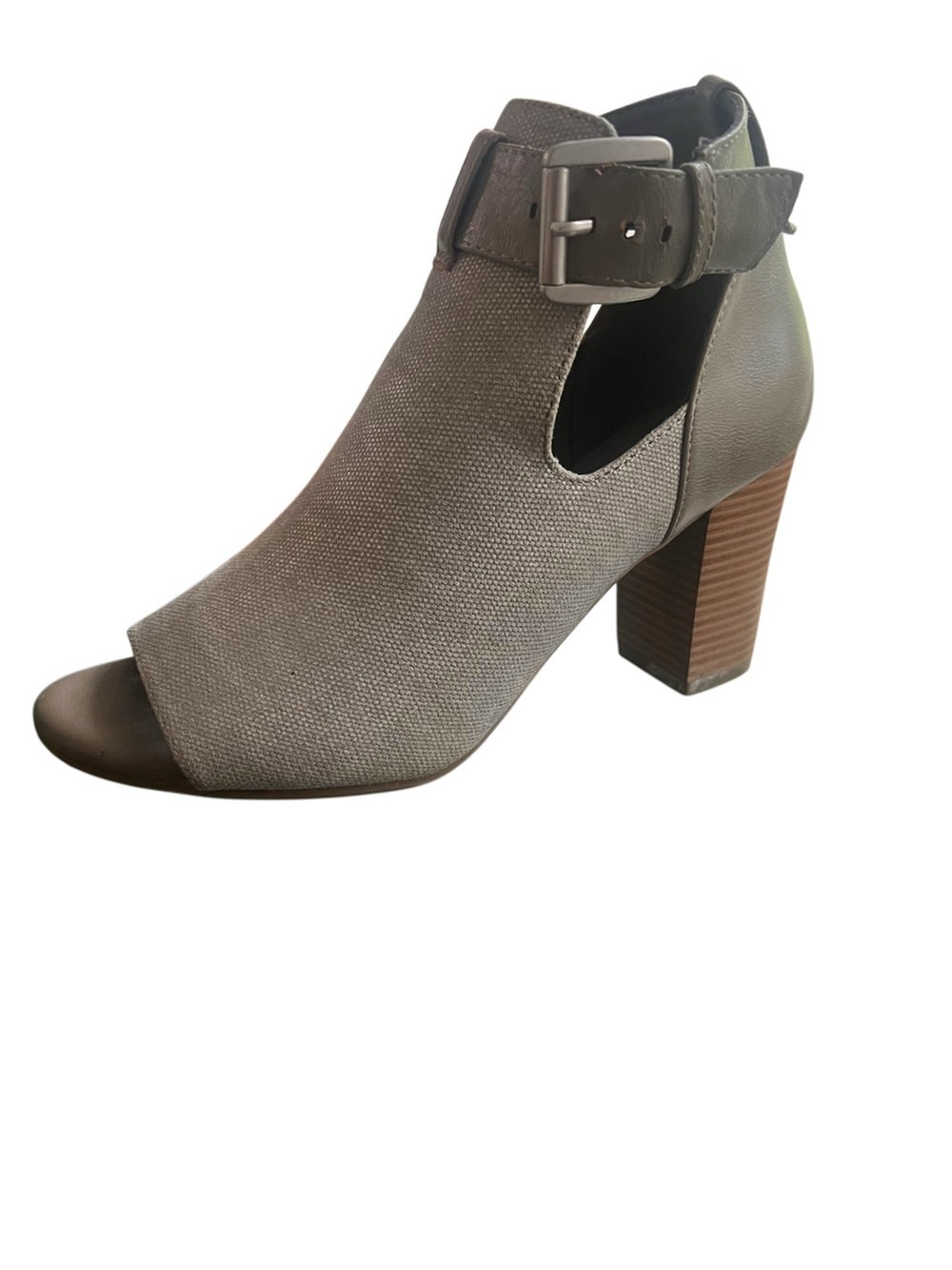 Solesenseability Open-Toe Taupe Ankle Bootie with Buckle Accent Size 8
